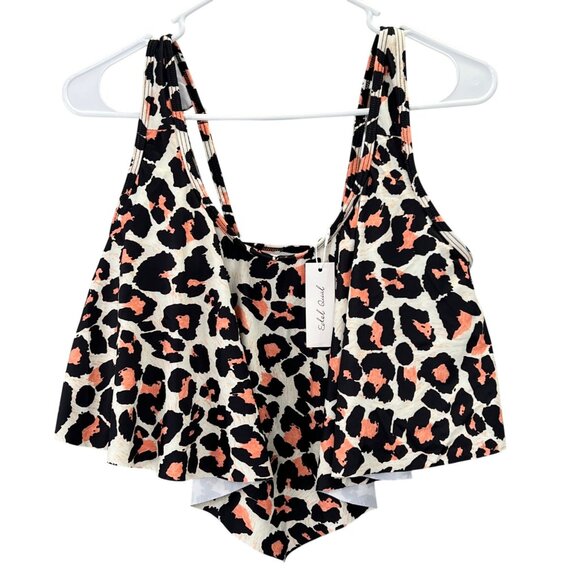 Edel Qual Swimsuit Top L Women Animal Leopard Print Cropped Flowy Flounce NWT - Picture 1 of 8